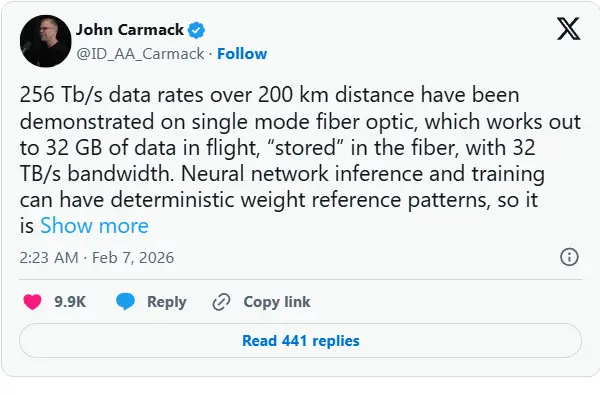 John Carmack 脑洞大开：用超长光纤当L2缓存，流式传输AI数据替代DRAM